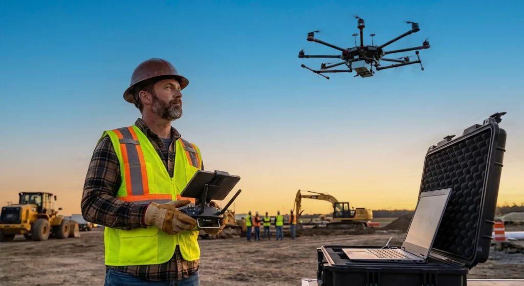 Drone operator flying a commercial drone on a construction site