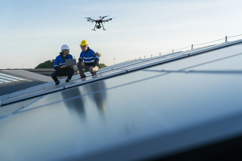 Forced perspective angle of two men kneeling on top of solar panels while a drone hovers nearby.